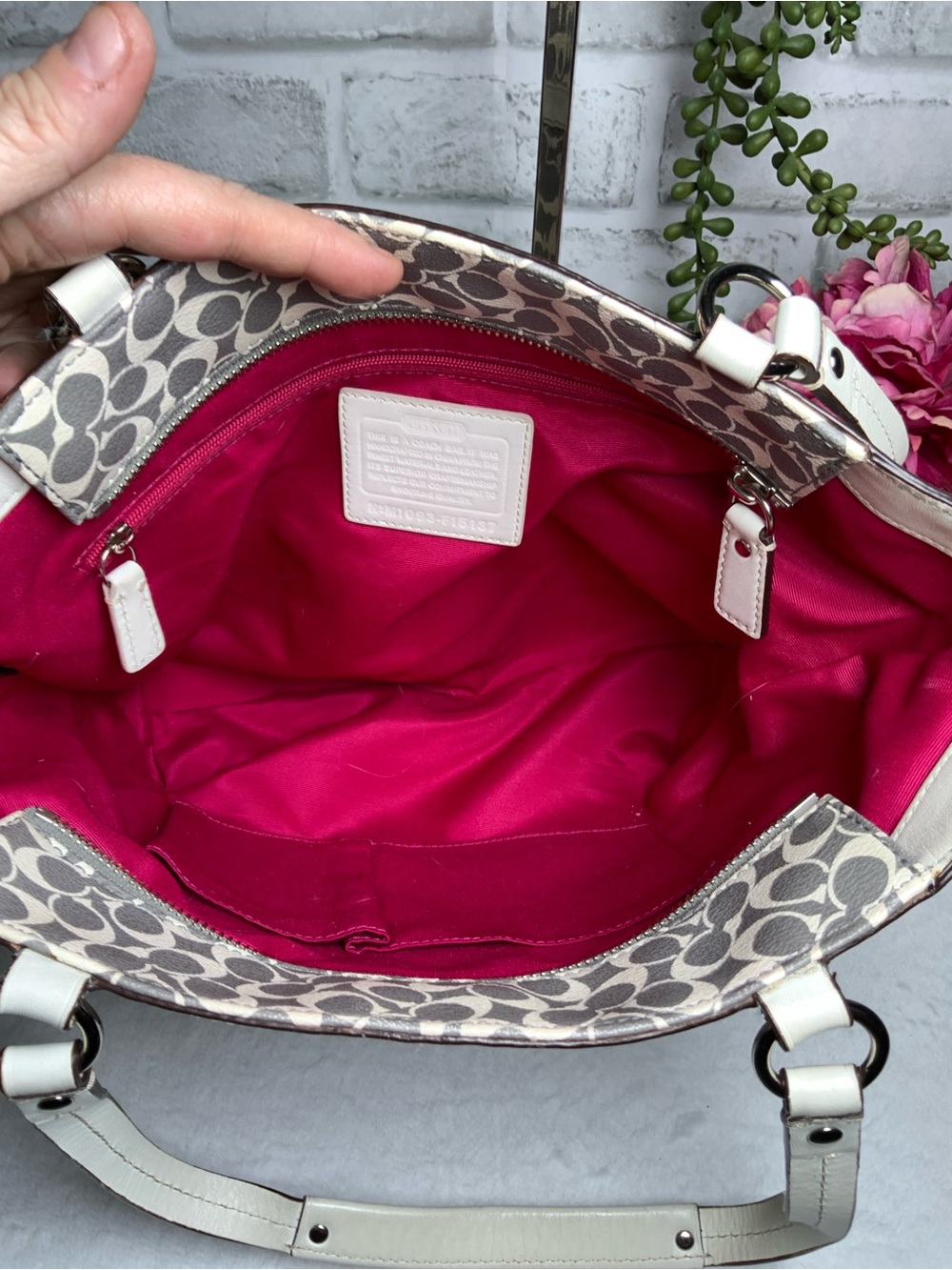 Coach Gray Signature Tote with Pink Center Stripe - Picture 9 of 13